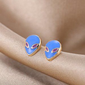 Small Blue & Purple Alien Gold Stud Earrings NEW